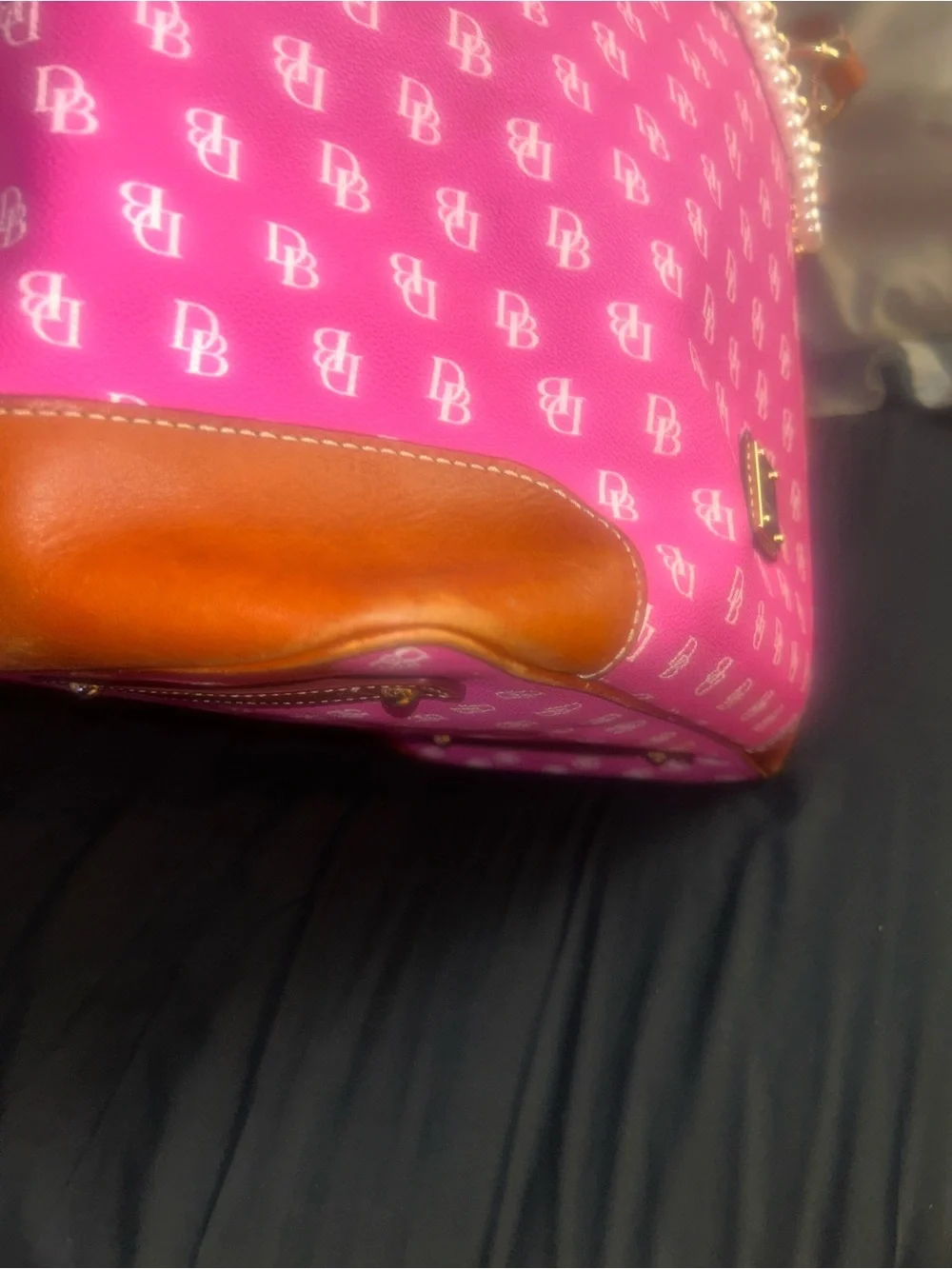Dooney & Bourke Bright Pink Logo Tote with Brown Trim and Pearl Chain